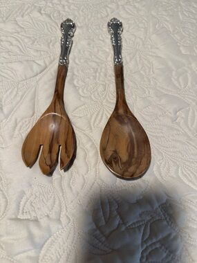 Wood and Silver Salad Serving Spoon Set Gorham Sterling King  Edward Wooden Set